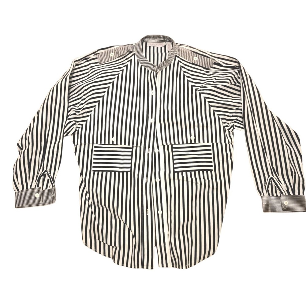 Laura & Jayne‎ 16 Vintage Blouse Striped B/W XL Roll Tab Slvs Button Front